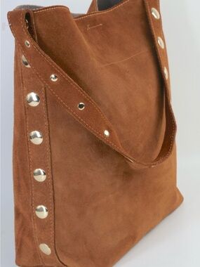 Cheval Firenze Genuine Suede Made In Italy Gold Studded Shoulder Tote in Brown
